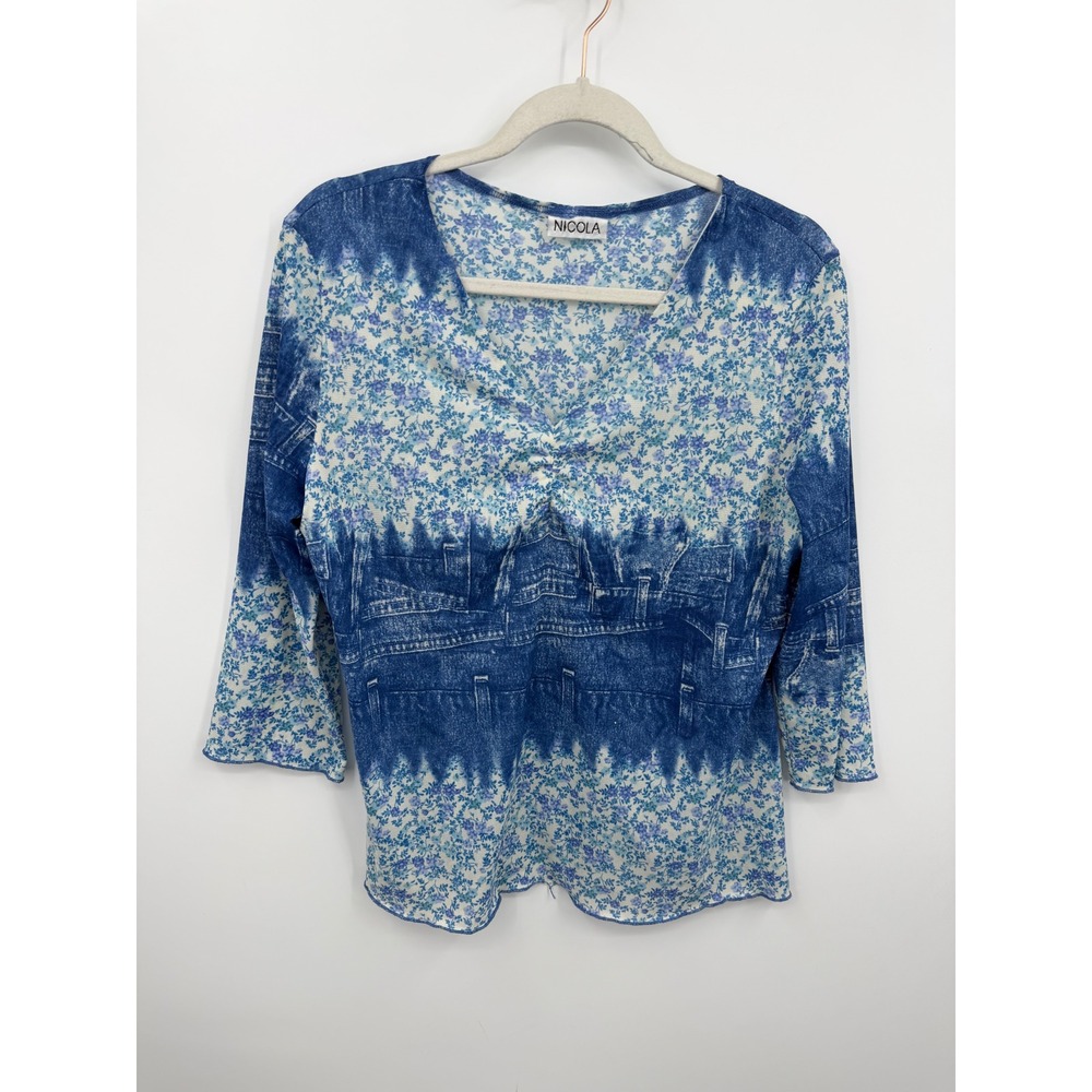 Nicola Trompe L'oeil Floral Denim Print‎ Top Women Large Blue 3/4 Sleeve V-Neck